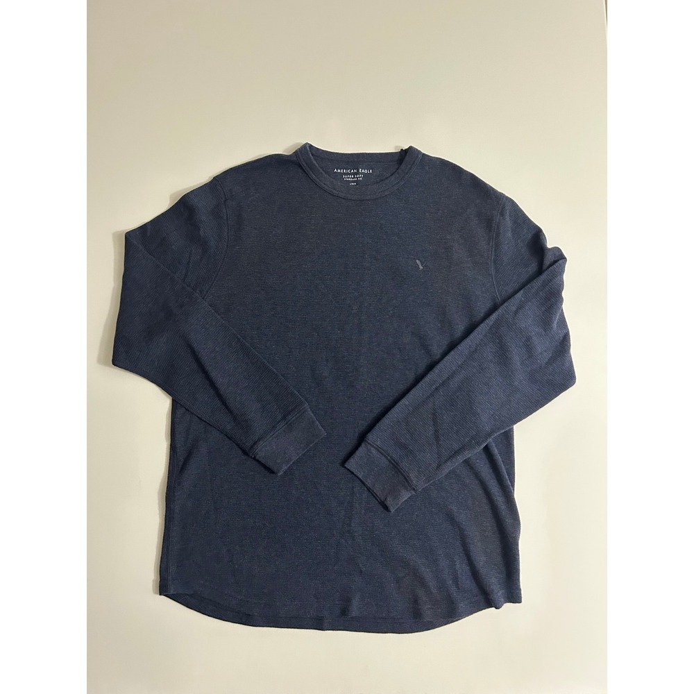 American Eagle Men's Super Soft Thermal Shirt Navy Long Sleeve Waffle Knit L‎
